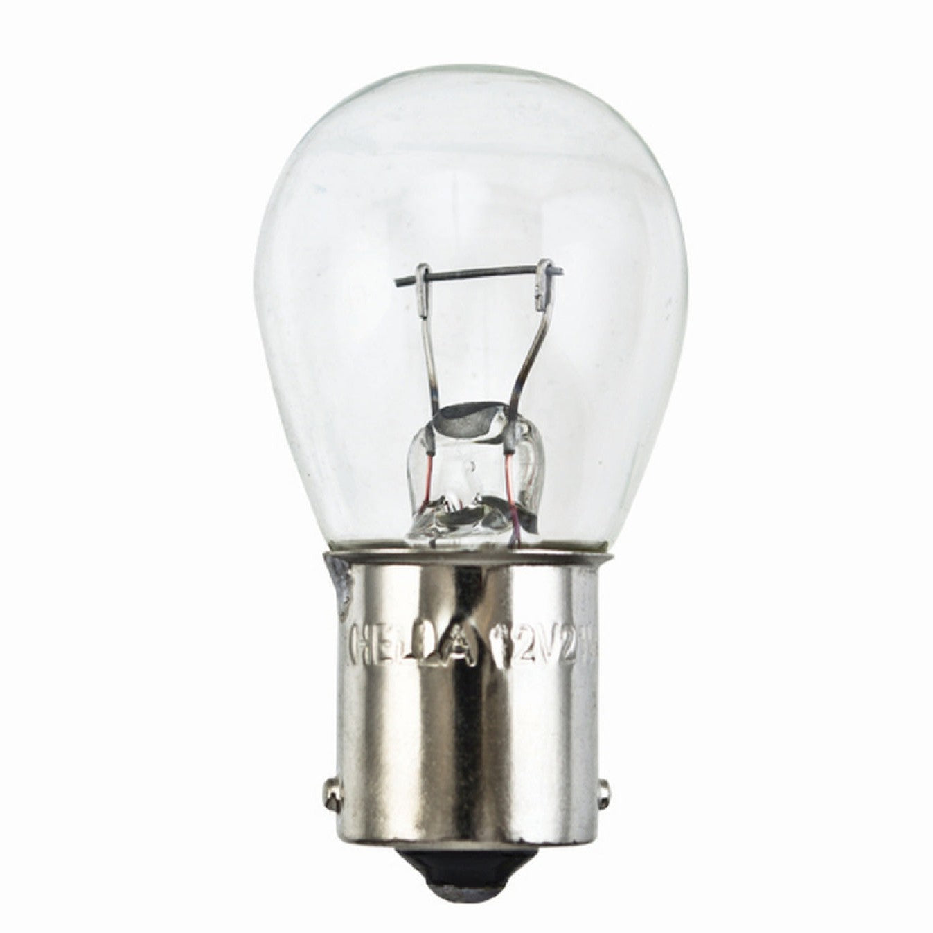 Twin pack of Hella 7506 12V 21W auxiliary bulbs with clear S8 glass and BA15S metal bayonet bases.