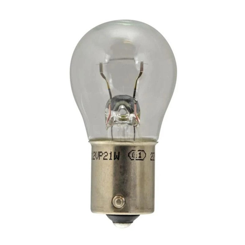 Hella 7506 12V 21W bulb with BA15s metal base and clear S8 glass envelope for vehicle signaling.