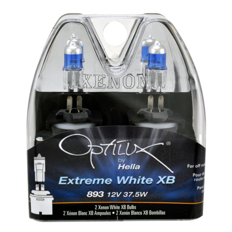 Hella Optilux 893 Extreme White XB xenon-white halogen bulbs with blue-tinted glass, twin pack.
