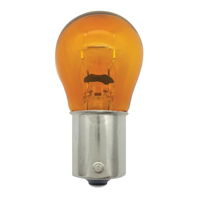 Hella 9507 S8 amber glass incandescent bulb featuring a metallic BAU15s base with offset pins.