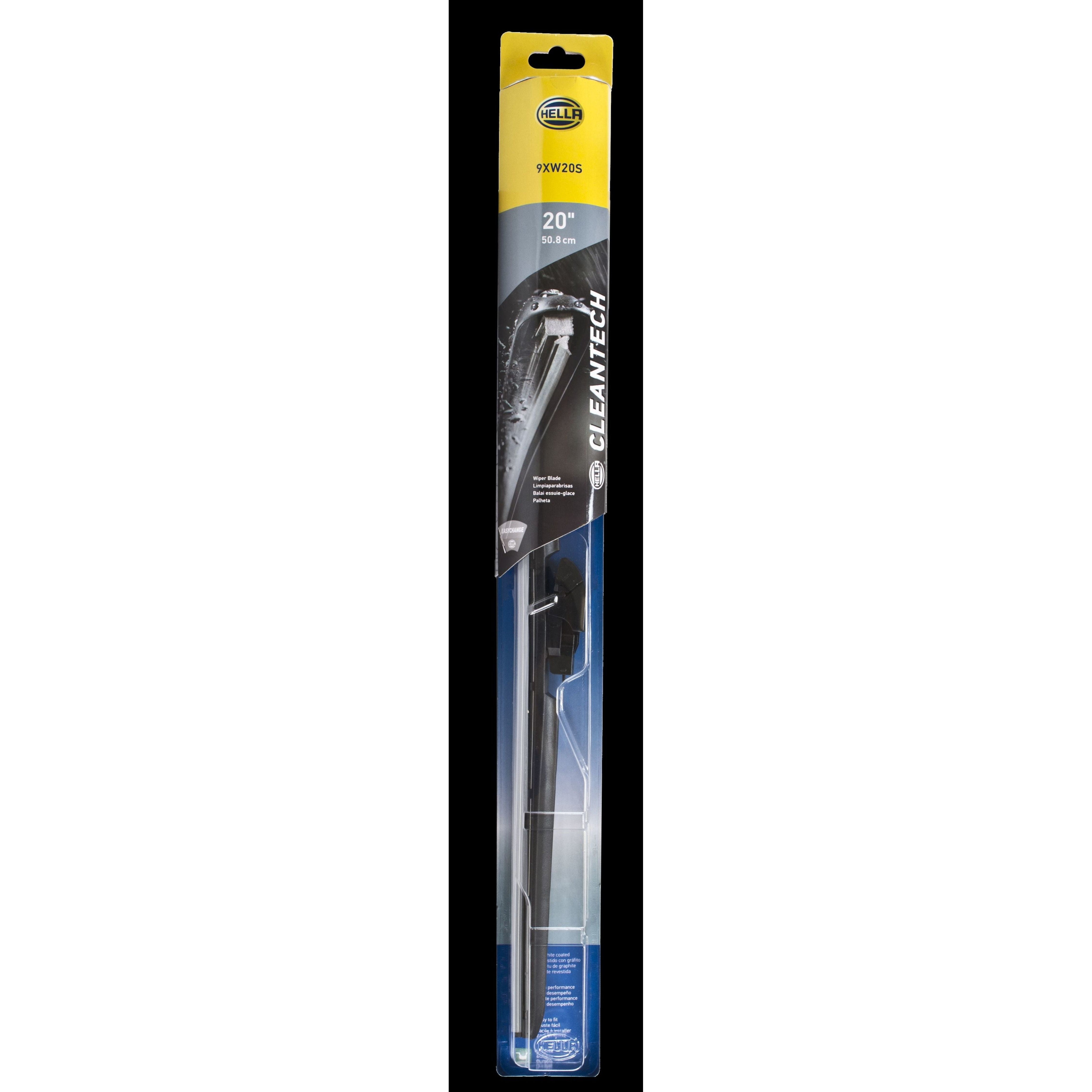 Single 20-inch Hella Clean Tech beam-style wiper blade showing the aerodynamic hingeless design and multi-clip adapter.