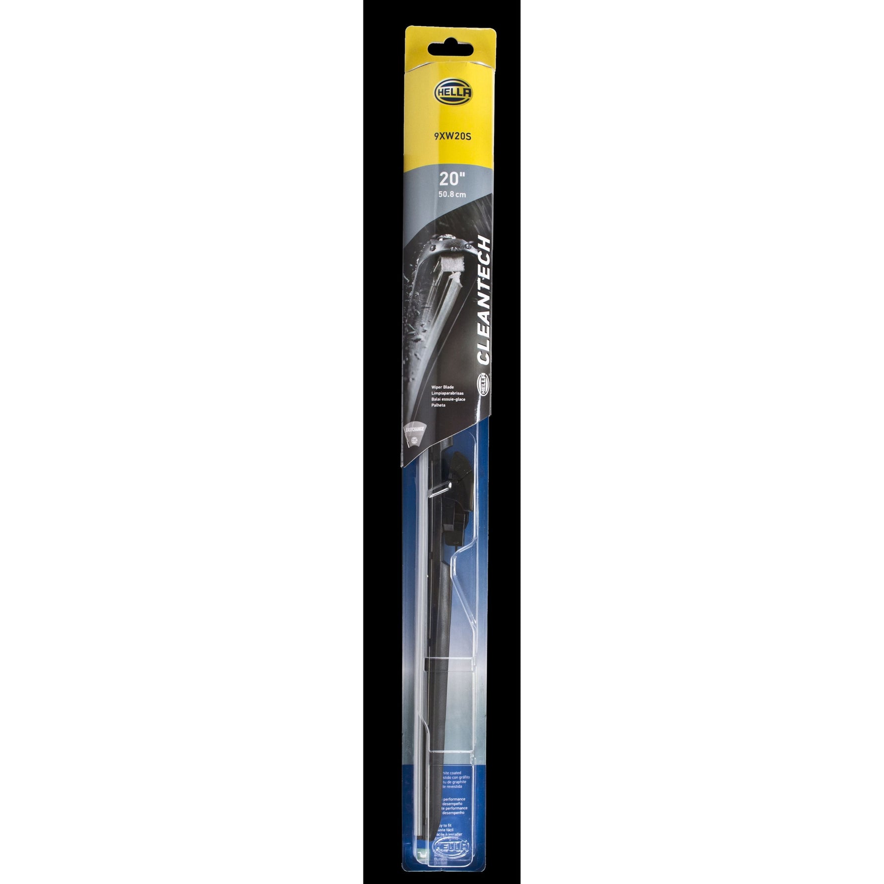 Single 20-inch Hella Clean Tech beam-style wiper blade showing the aerodynamic hingeless design and multi-clip adapter.