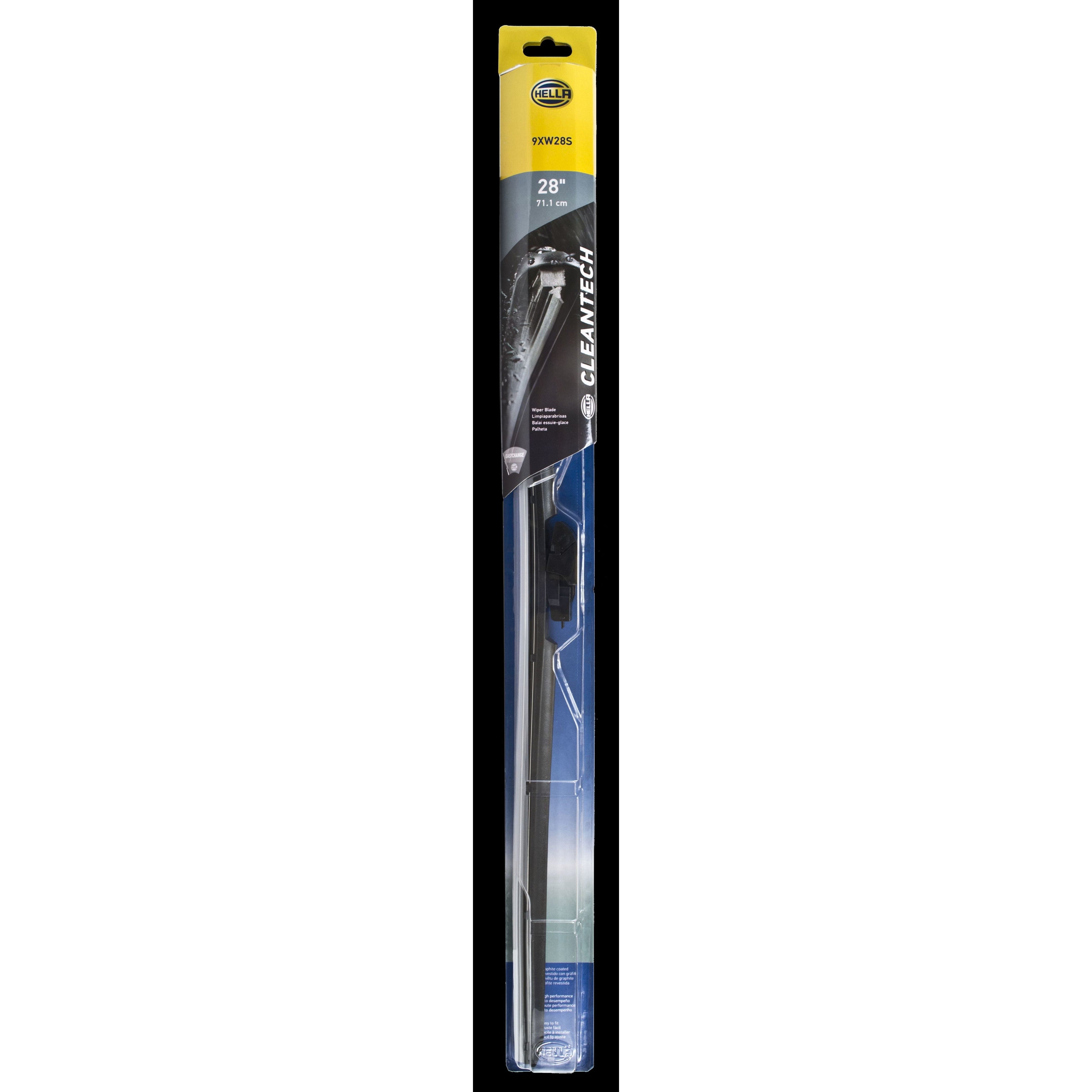 Hella Clean Tech 28 inch beam-style wiper blade showing aerodynamic profile and multi-clip mounting adapter.