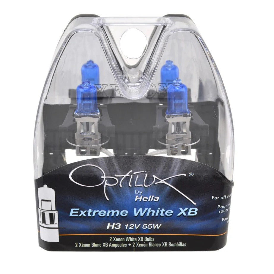 Pair of Hella H3 Xen White XB halogen bulbs featuring blue-tinted glass and precision metal mounting bases.