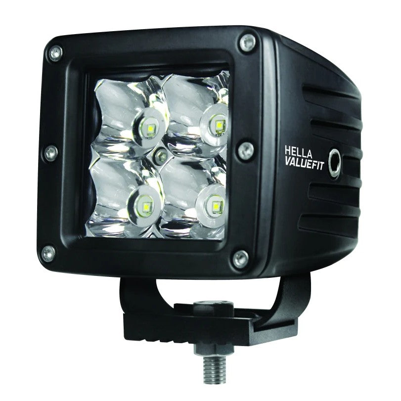 Hella VALUEFIT 3.1-inch Cube 4 LED off-road spot lights with die-cast aluminum housings.