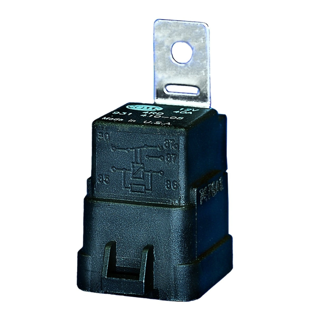Hella Mini 280 Series 12V 20/40A SPDT weatherproof relay with standardized terminal pins and durable plastic housing.