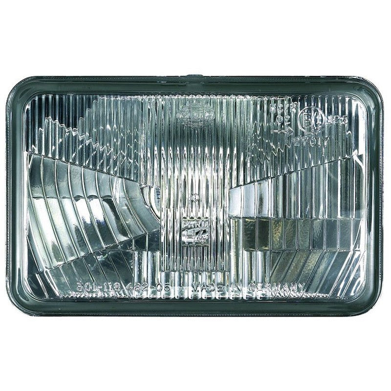 Hella 164 x 103mm rectangular H4 12V ECE halogen headlamp insert with clear glass lens.