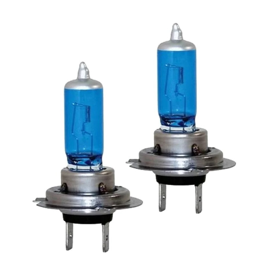 Pair of Hella Optilux XB H7 100W halogen bulbs with blue-tinted glass and silver tips.