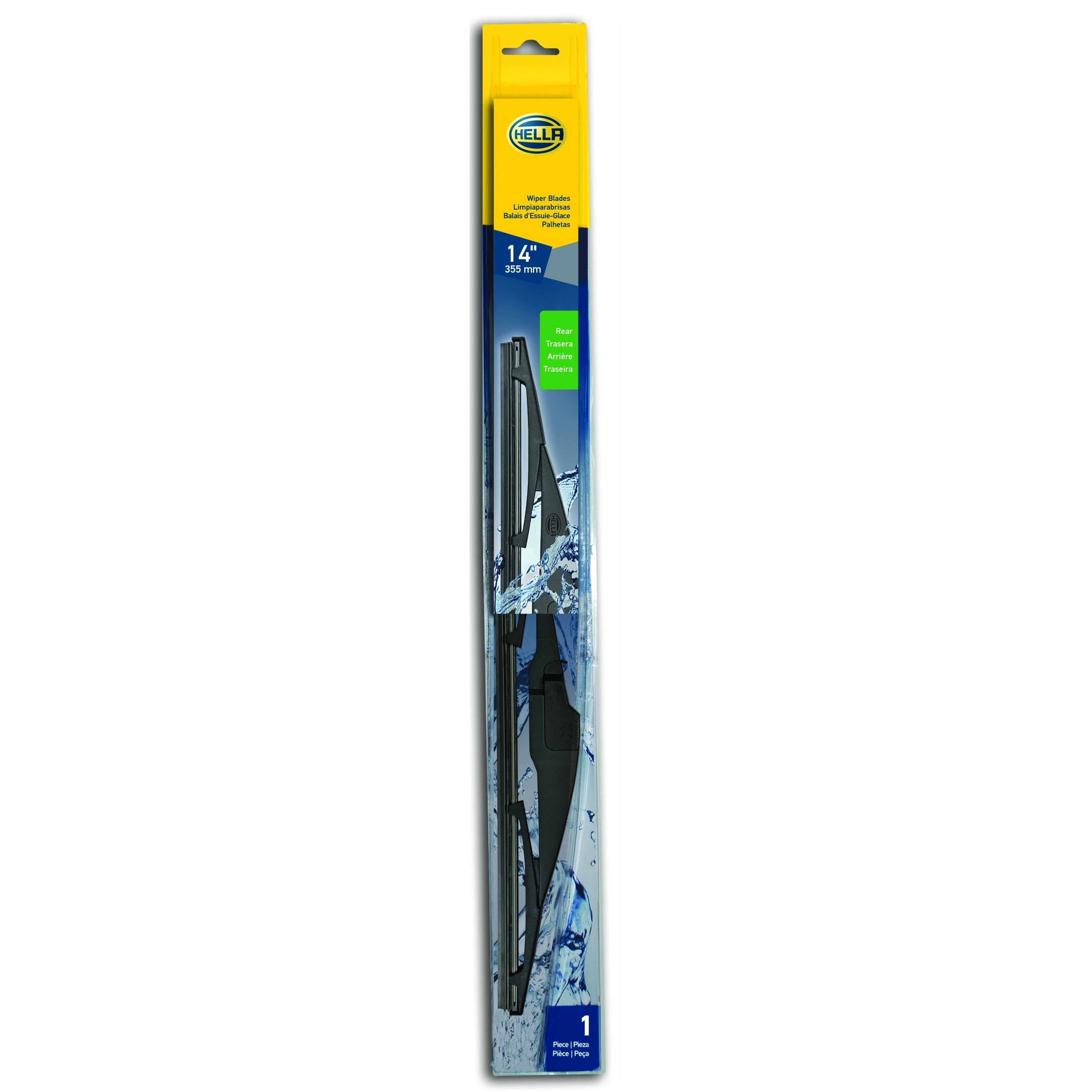 Hella 14-inch hybrid rear wiper blade with black frame and integrated multi-clip mounting adaptor.