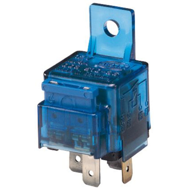 HELLA 12V 15A SPST automotive relay with integrated 15A fuse and metal mounting bracket.