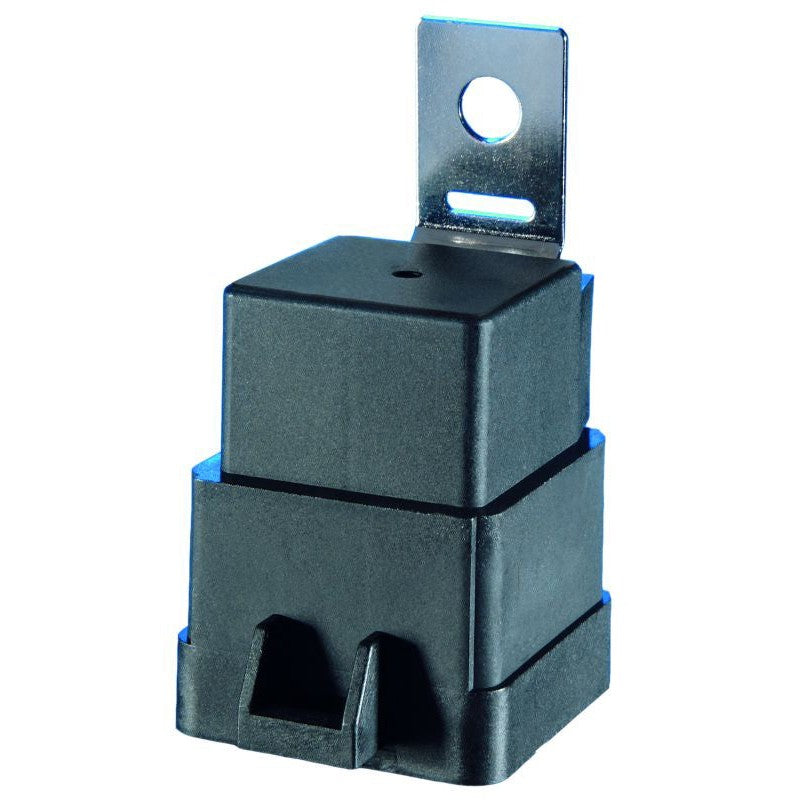 HELLA 12V 20/40A SPDT automotive relay with integrated resistor suppression and weather-resistant mounting bracket.