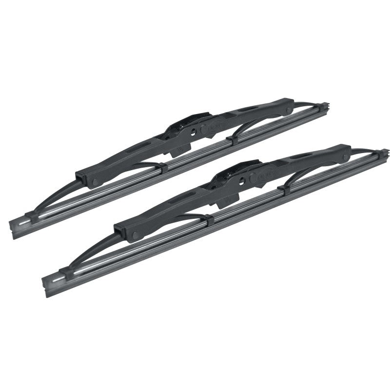 Pair of Hella 11-inch Standard wiper blades featuring black metal frames and graphite-coated rubber strips.