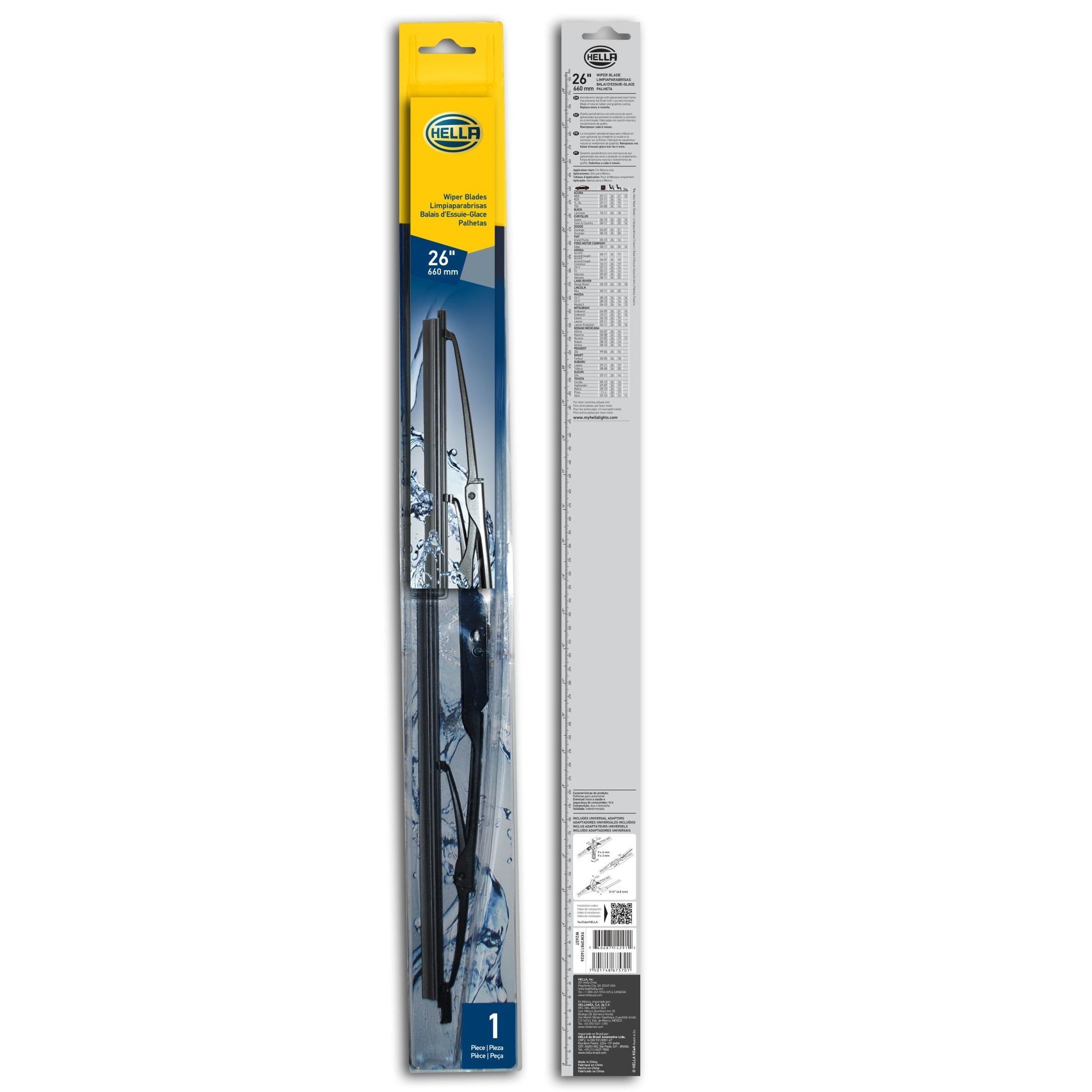 Single 26-inch Hella Standard series wiper blade with black metal frame and graphite-coated rubber strip.