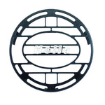 Hella round black plastic stone shield light cover featuring the white Hella logo for standard LED work lamps.
