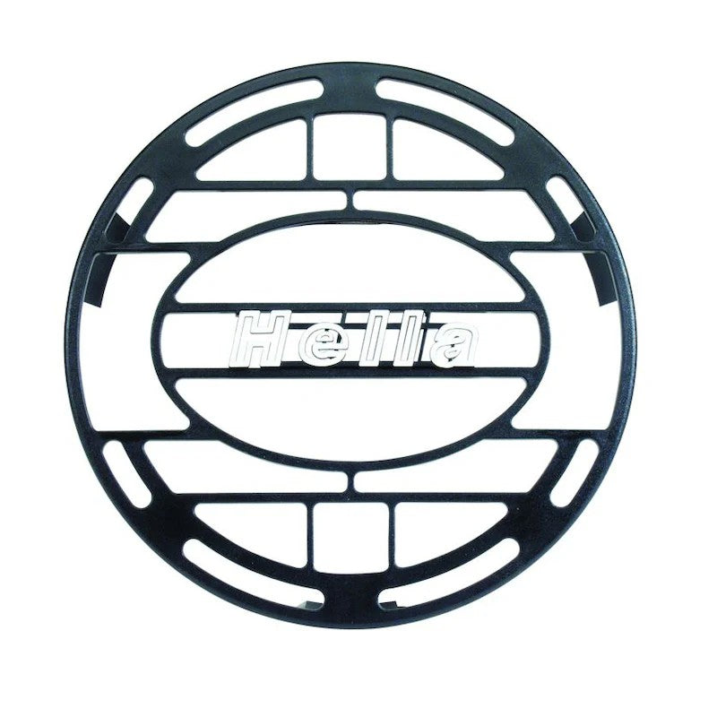 Hella round black plastic stone shield light cover featuring the white Hella logo for standard LED work lamps.