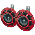 A pair of Hella Supertone 12V disc horns with red protective cages and mounting brackets.