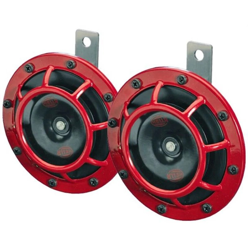A pair of Hella Supertone 12V disc horns with red protective cages and mounting brackets.