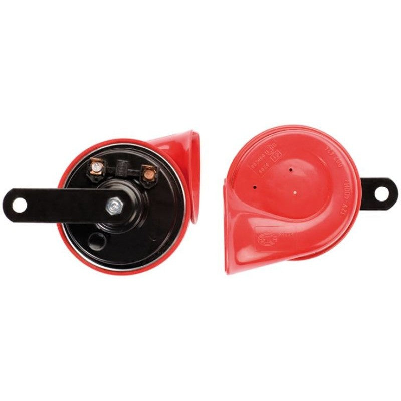 Hella 12V twin trumpet horn kit 007424801 showing dual 400Hz and 500Hz horns with mounting brackets.