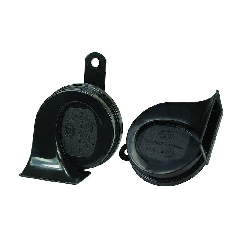 Hella TE20 Series twin trumpet horn kit featuring glossy black ABS housings and universal 12V mounting hardware.