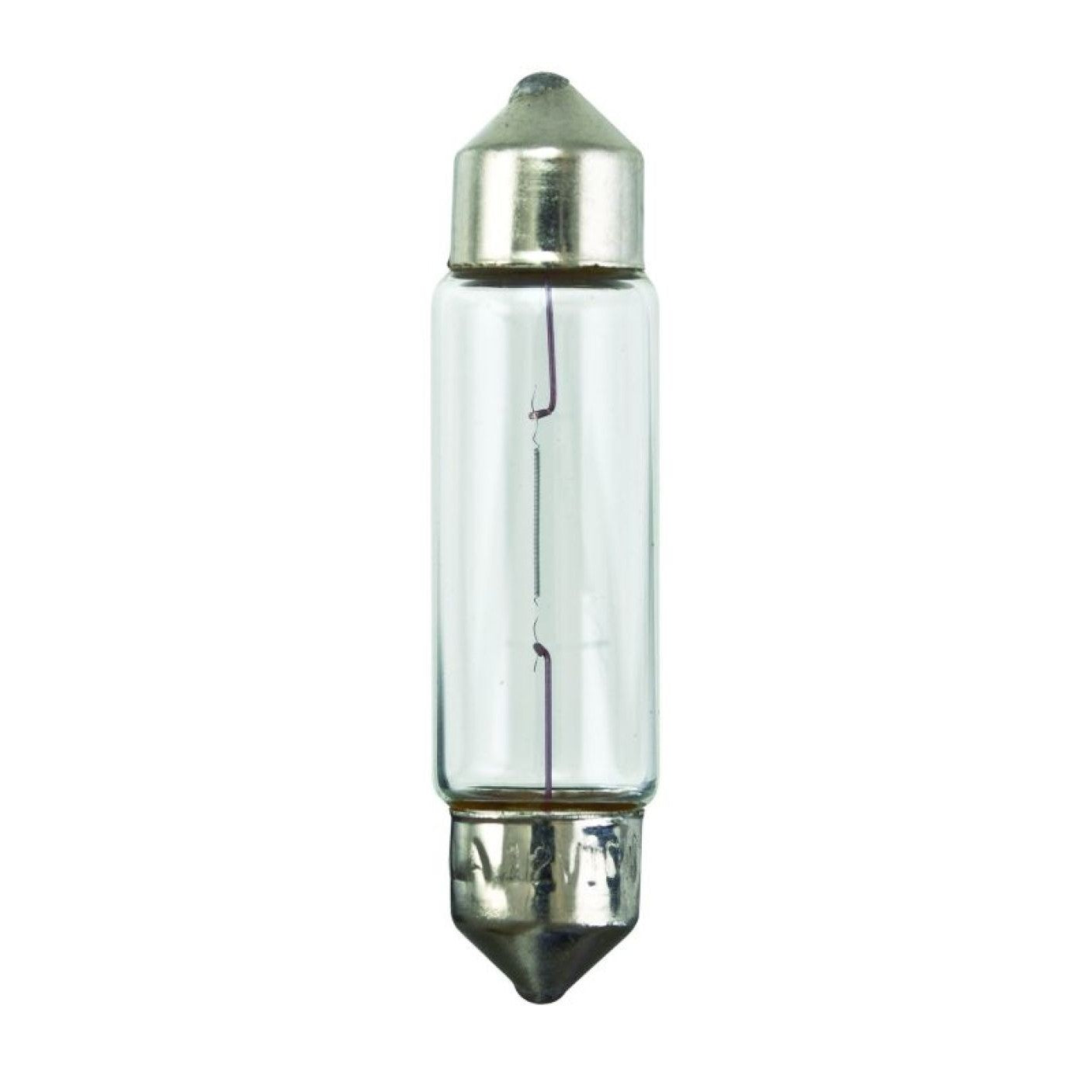 Hella 6411 clear 12V 10W 10x41mm T3.25 festoon bulb with tungsten filament and SV8.5-8 base.