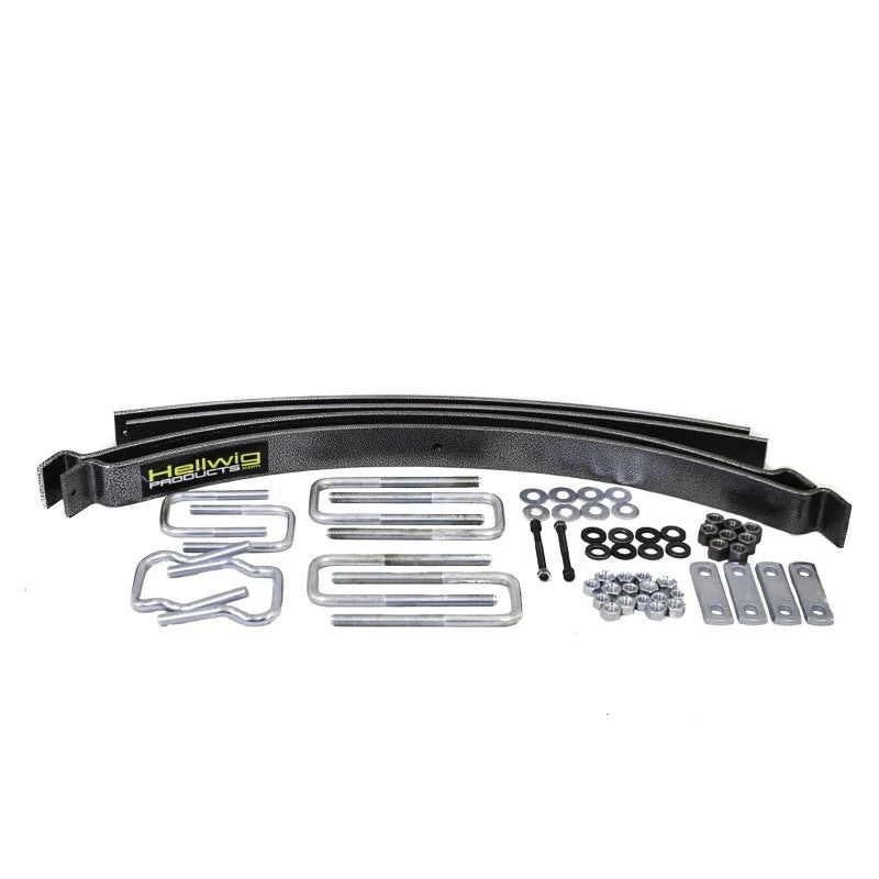 Hellwig 1910 Pro Series 2-leaf helper spring kit with over-axle mounting hardware and silent bushings.