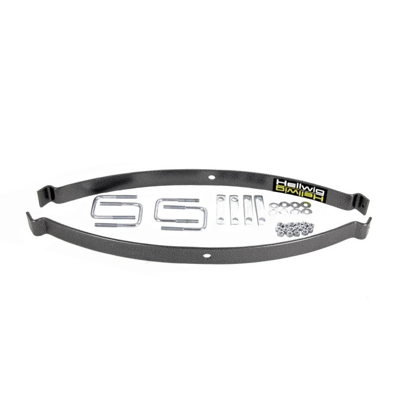 Black powder-coated Hellwig EZ-990 helper spring with silver zinc-plated U-bolts and mounting hardware.