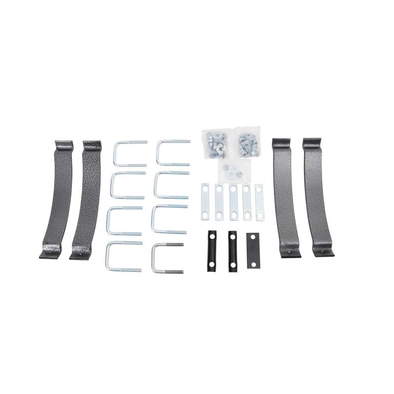 Hellwig EZ Level 1000 black powder-coated helper springs with zinc-plated U-bolts and mounting hardware.
