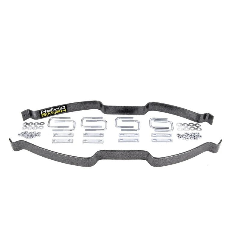 Hellwig EZ-990 black powder-coated leaf helper spring kit with mounting hardware for Chevy Silverado and GMC Sierra 1500.