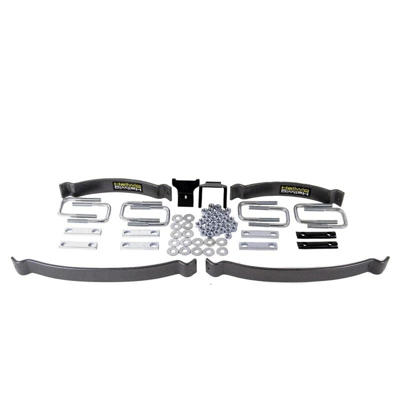 Hellwig EZ-1000 helper spring kit with black powder-coated steel springs and silver zinc-plated mounting hardware.
