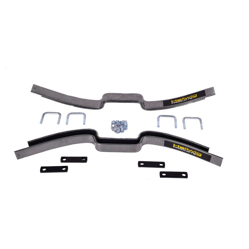 Hellwig steel contact helper spring leaves with mounting hardware for heavy-duty truck suspension.