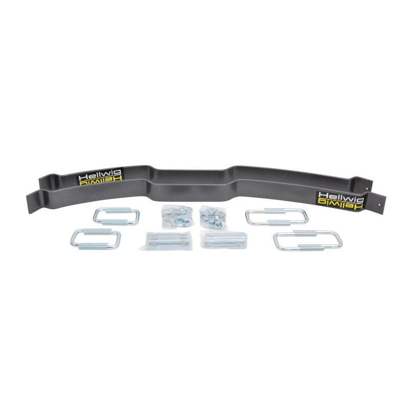 Hellwig EZ-990 black powder-coated helper leaf spring kit with heavy-duty U-bolts and mounting hardware.