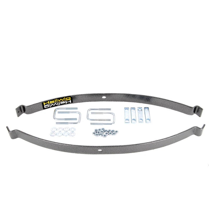 Hellwig EZ-990 black powder-coated alloy steel helper spring kit with zinc-plated U-bolt hardware and brackets.