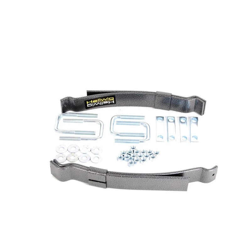 Hellwig Load Pro 15 helper spring kit with black powder-coated steel leaves and zinc-plated heavy-duty U-bolt hardware.