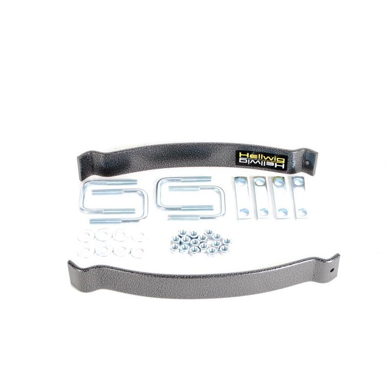 Hellwig EZ-550 helper spring kit with powder-coated leaf spring and heavy-duty plated U-bolt hardware.