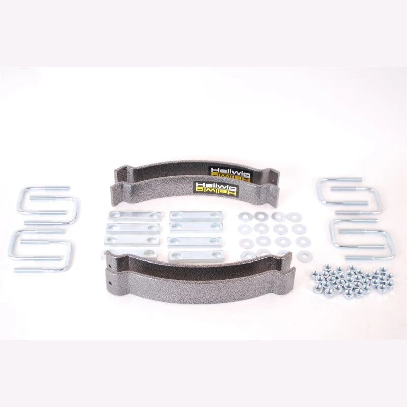 Hellwig 1265 EZ-1000 helper spring kit with black powder-coated leaf springs and zinc-plated U-bolt hardware.