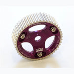 HKS adjustable exhaust cam gear for 2JZ-GE engines featuring a purple anodized outer ring and silver inner hub.