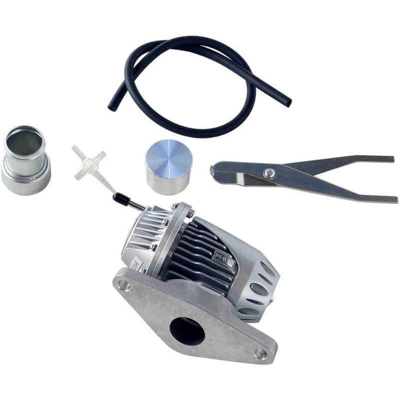 Silver HKS SSQV4 blow off valve with vehicle-specific Subaru mounting flange and installation hardware.