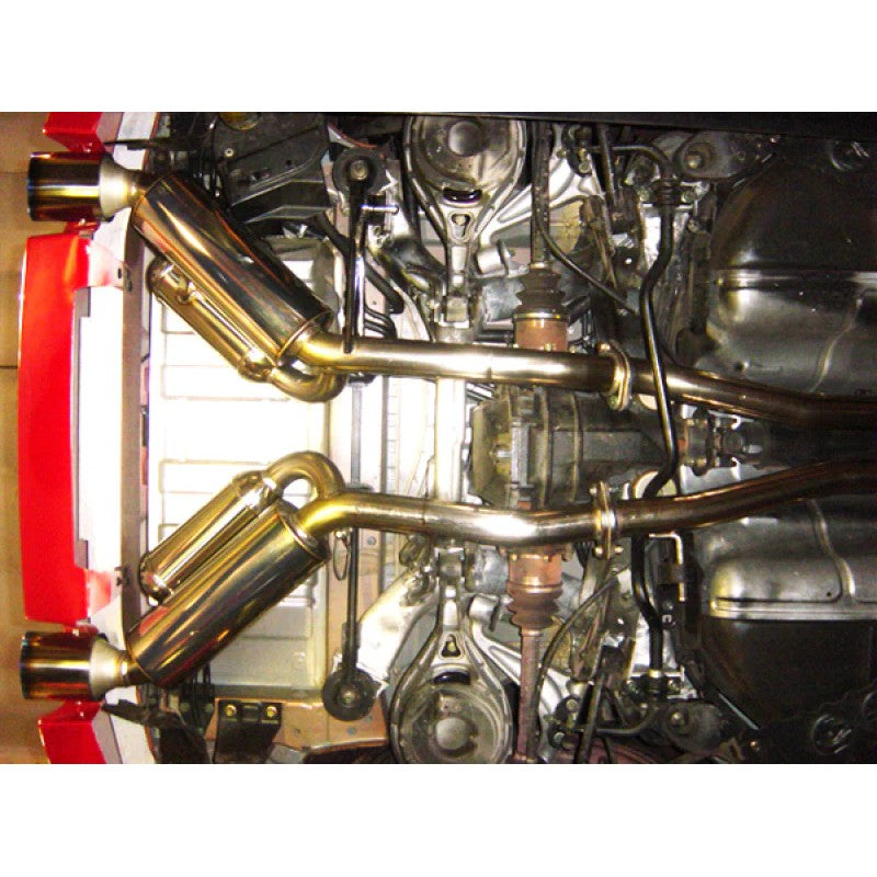 HKS Dual Hi-Power catback exhaust system featuring SUS304 stainless steel piping and burnt titanium tips for Nissan 350Z