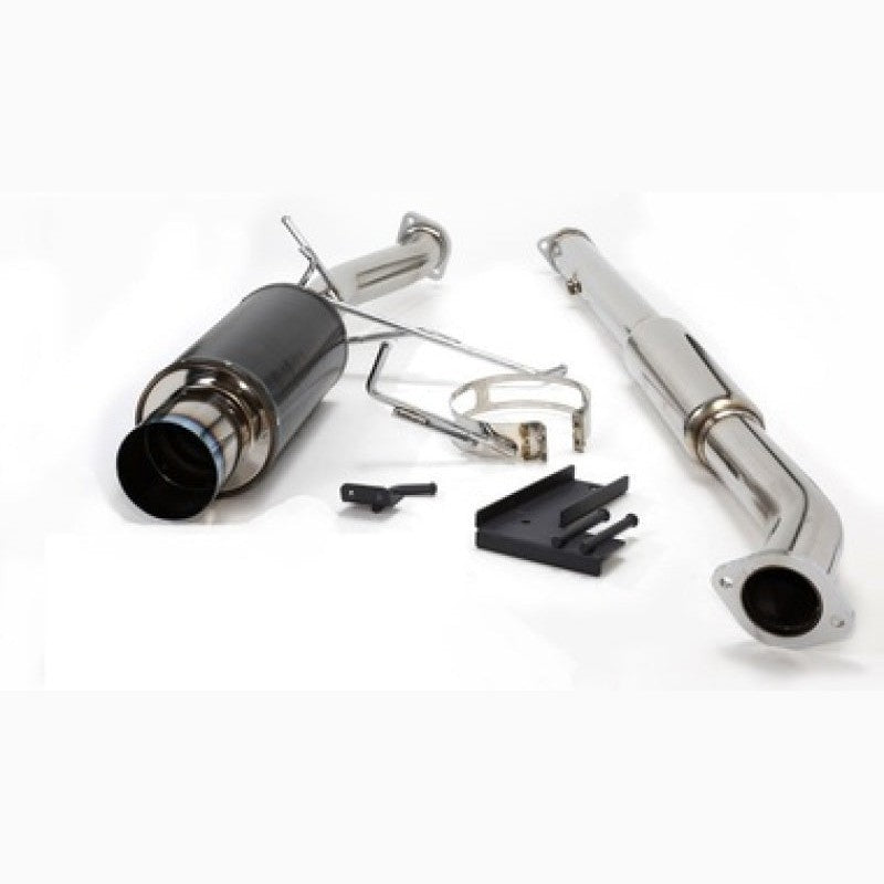 HKS Carbon-Ti cat-back exhaust with stainless steel piping, carbon fiber muffler shell, and blue burnt titanium tip.