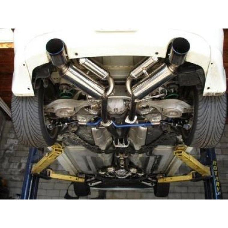 HKS Dual Hi-Power catback exhaust system with SUS304 stainless steel piping and burnt titanium tips for Infiniti G35.