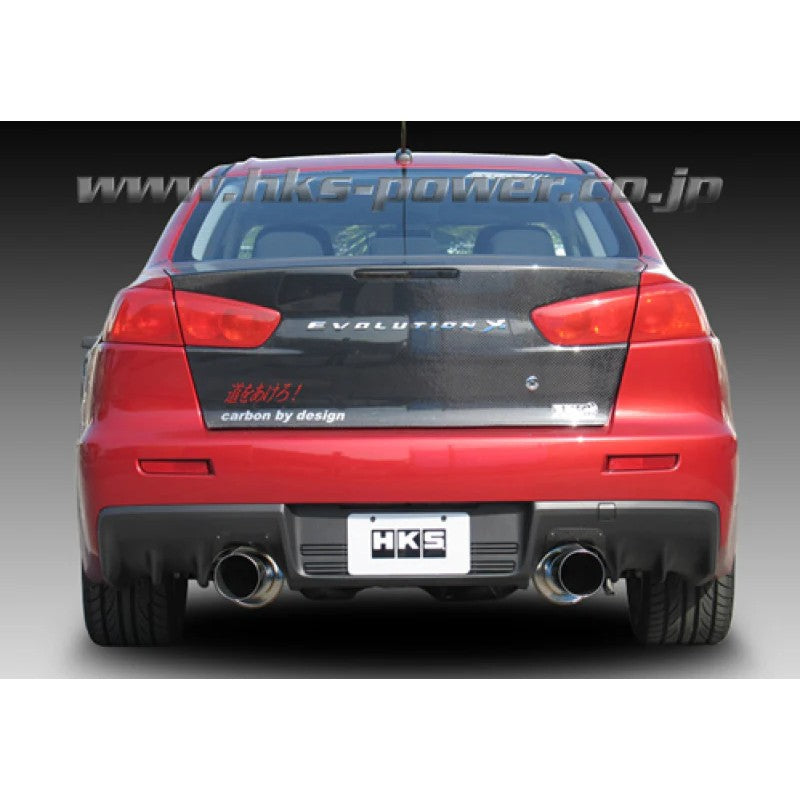 HKS Hi-Power dual tip catback exhaust system with polished canisters and tips for 2008-2009 Mitsubishi Evolution X