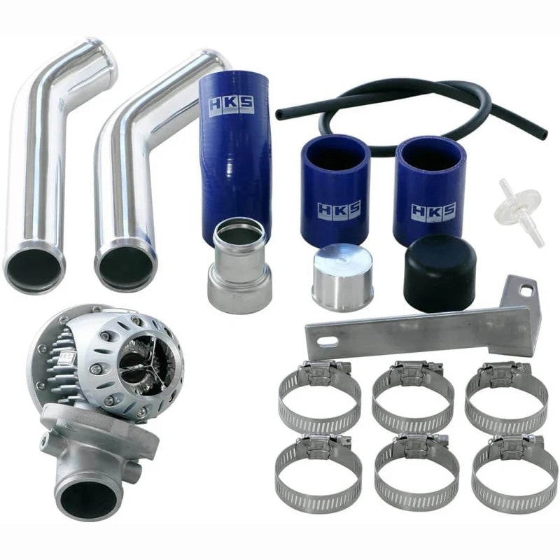 HKS SSQV4 blow off valve kit with two polished aluminum charge pipes and installation hardware for Mitsubishi Evo X.