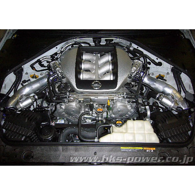 HKS Super SQV4 blow-off valve kit with dual valves and polished aluminum piping for 2009-2010 Nissan GT-R R35.