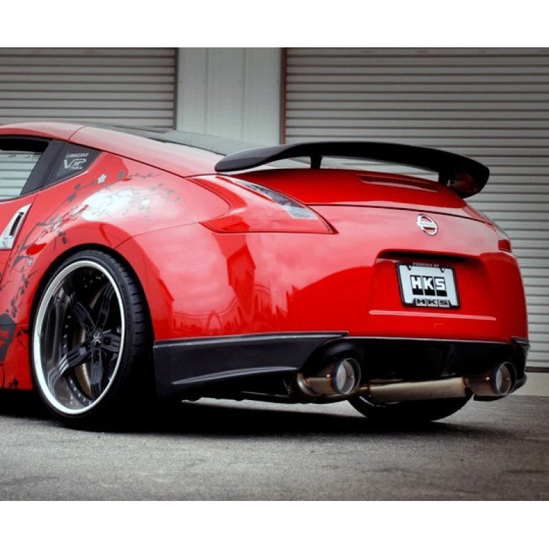 HKS Dual Hi-Power stainless steel catback exhaust system with burnt titanium tips for Nissan 370Z