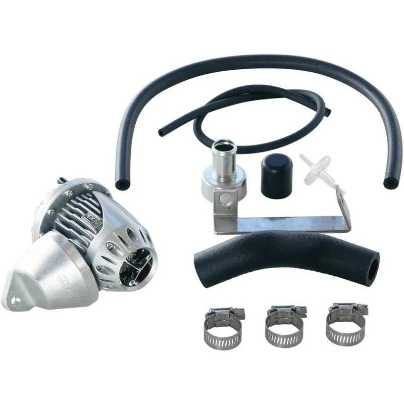 HKS Super SQV4 silver blow off valve kit with vehicle-specific mounting hardware and hoses for Toyota Supra.