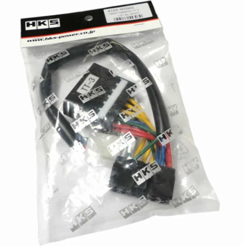HKS 4103-RT004 turbo timer wiring harness featuring vehicle-specific ignition plugs and terminal connectors.