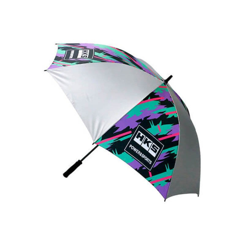 HKS circuit umbrella with the signature blue, purple, and green Oil Color splash graphic pattern.