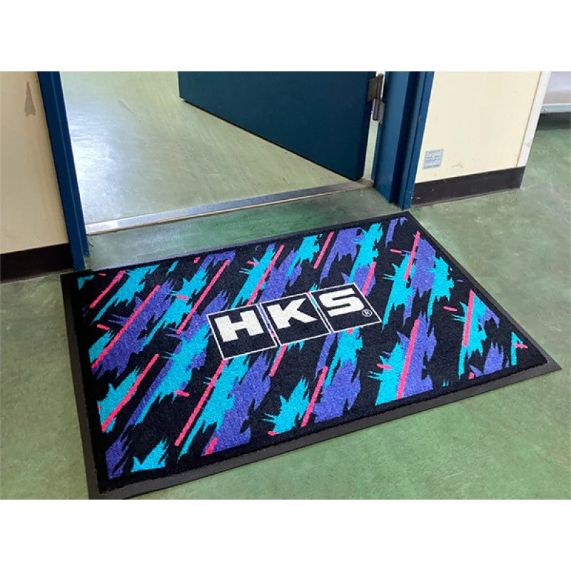 HKS Oil Color door mat featuring the signature multicolored oil splash pattern and white HKS logo.
