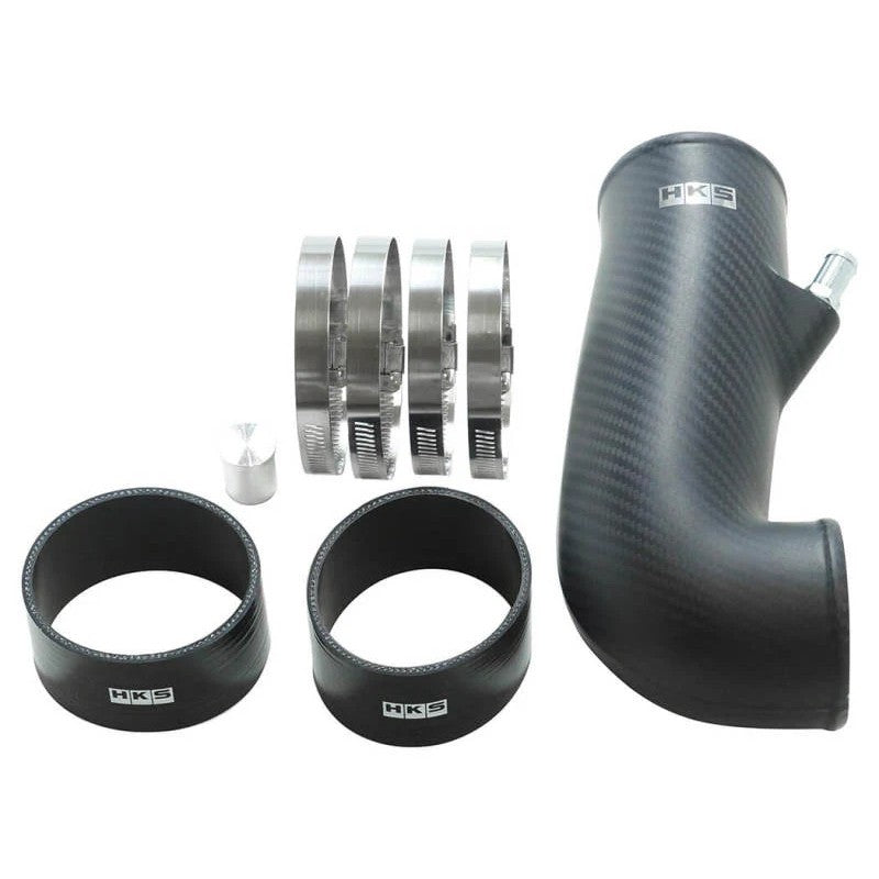 HKS DryCarbon Suction Kit featuring a lightweight carbon fiber intake pipe with silicone couplers for FA20 engines.