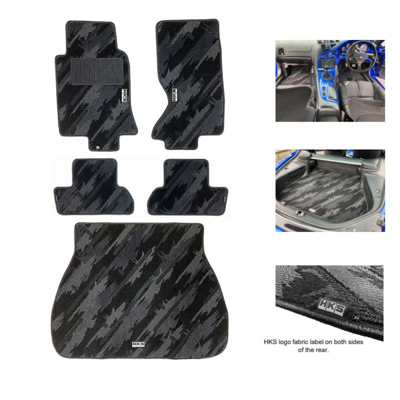 Full set of black HKS Octagon Series floor mats for Left Hand Drive Mazda RX-7 FD3S.